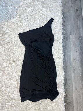 envy Black One-Shoulder Ruched Mini Dress